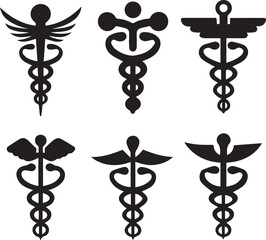 caduceus symbol set, caduceus medical silhouette vector set black and white