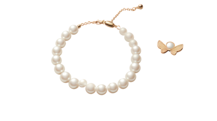 Minimalist Jewelry Flat Lay with Pearl Bracelet and Ring on Transparent Background