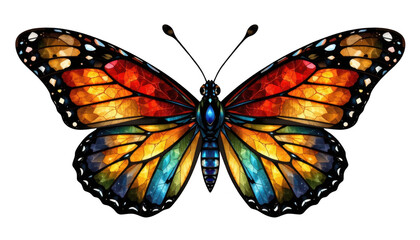 Fototapeta premium A vibrant, colorful butterfly with intricate patterns in shades of orange, blue and yellow, showcasing detailed wing designs.