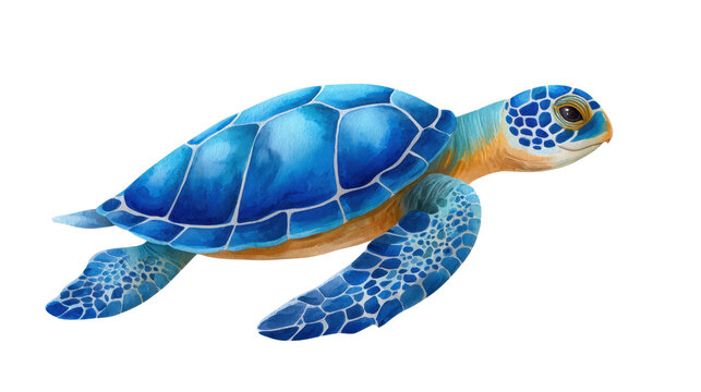 A vividly illustrated blue turtle swimming gracefully, showcasing intricate patterns on its shell and flippers.