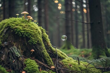 Enchanted Forest Scene with Mushrooms, Moss, and Floating Bubble