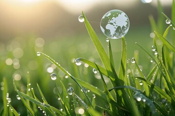 Fresh Grass with Dew Drops and World Globe Reflection in Nature