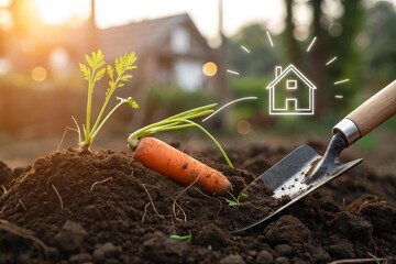 Fresh Carrot Growing in Soil Near Garden with Home Illustration
