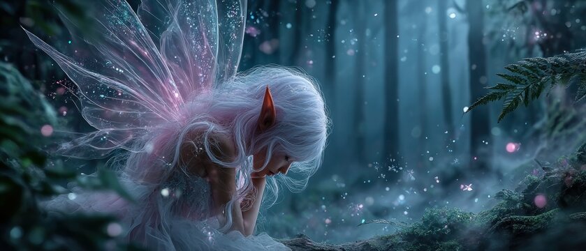 A sad fairy in a mystical forest