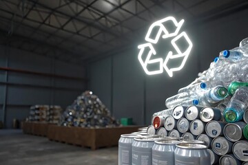 Neon Recycling Sign in Modern Warehouse with Bottles and Cans