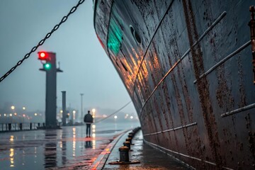 Rusty Ship Bow with Green and Red Navigation Light in Fog