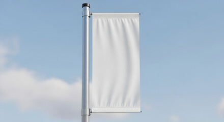 Clean vertical flag banner mockup on a metal pole. Isolated outdoor signage template with a sky background for design presentation.