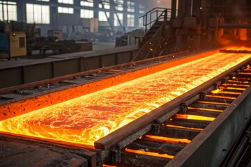 Bright Orange Molten Metal Flowing in Industrial Manufacturing Facility