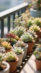 Assorted succulents in pots arranged on a balcony railing, basking in sunlight.