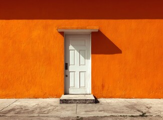 White door against orange wall, sidewalk, contrasting colors used for architectural blog