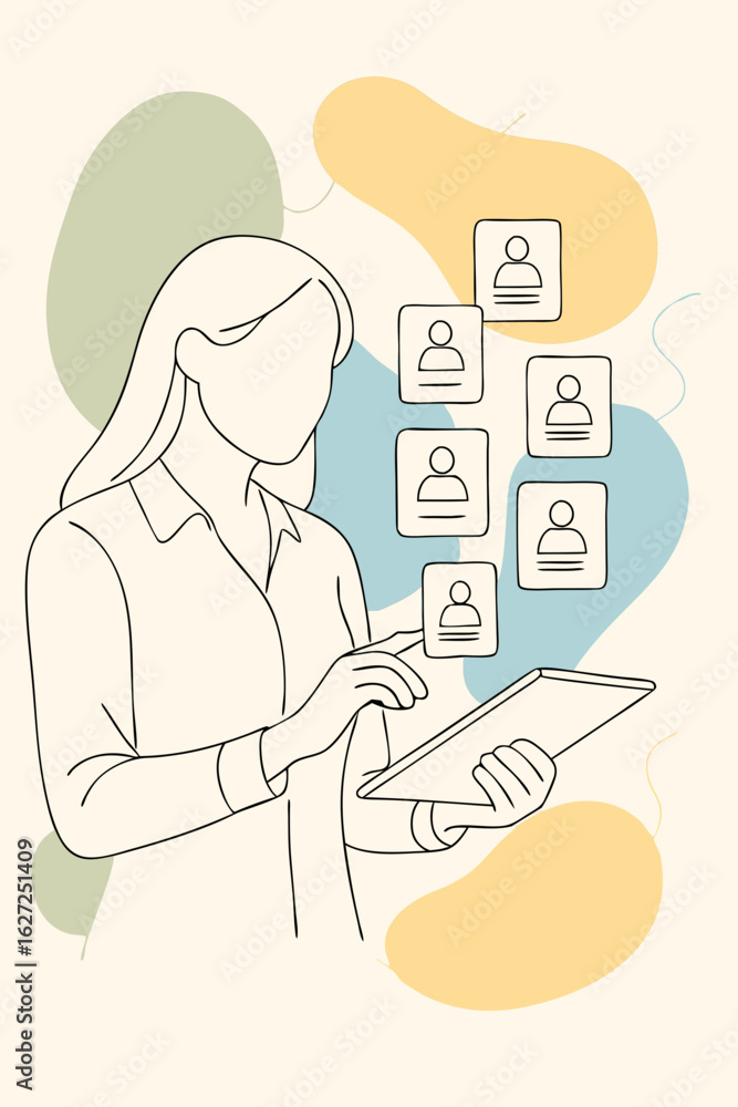 Poster line art illustration of a woman using a tablet to browse candidate profiles with abstract color sha