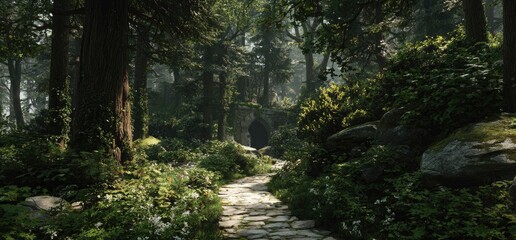 Obraz premium Pathway leads through enchanted forest to dark archway. Dreamlike background