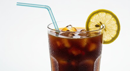 Iced Beverage in Glass with Lemon and Straw