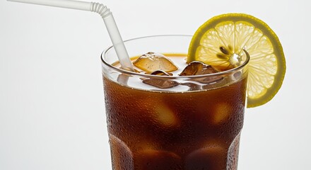 Iced Drink in Glass with Lemon and Straw