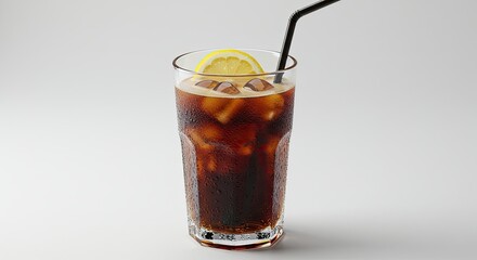 Iced Drink with Lemon and Straw in Glass
