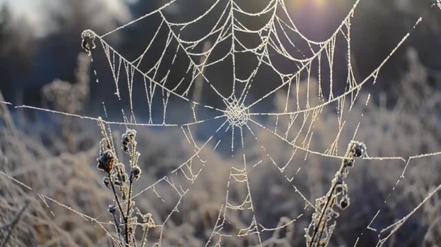A Glimpse of Winter's Artistry: Delicate Spiderweb Adorned with Frost Crystals, a Nature's Jewel, Showcasing