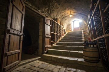 A dimly lit stone wine cellar with wooden racks, stairs, and a barrel of wine...