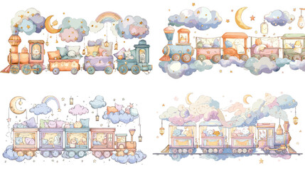 A magical train filled with sleeping animals travels through the clouds under stars and moons in a soft watercolor illustration perfect for nursery and bedtime stories.

