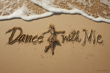 Dance with Me Handwritten in Golden Sand with Minimalist One-Line Dancers Illustration and Ocean Foam in Romantic Horizontal Beach Scene