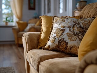 Elegant Living Room Sofa with Decorative Pillows.