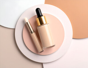 Beauty essentials foundation bottle and concealer stick arranged on pastel circles, a perfect duo for flawless skin