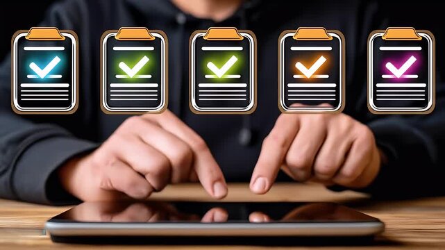 Finger Interacting with Digital Checklist Icons on Touchscreen