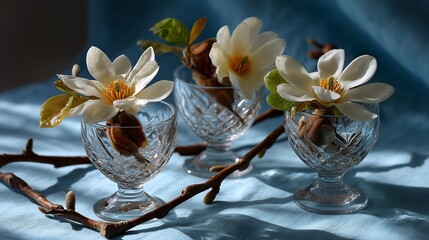 Elegant Magnolia Flowers in Crystal Glasses on Blue Fabric.