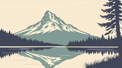Mountain lake landscape vector illustration with pine trees and reflection scenic nature background art, 96