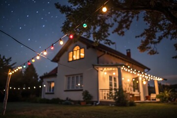 Charming House at Night with String Lights and Starry Sky