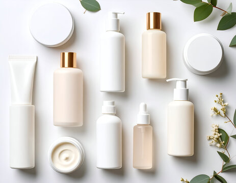 Overhead shot of clean beauty products in frosted bottles and soft hues, neatly on white surface