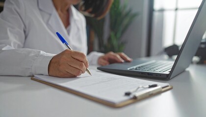 Fototapeta premium Doctor in white coat filling out medical chart at desk, Doctor writing on clipboard at white desk with laptop in modern medical office