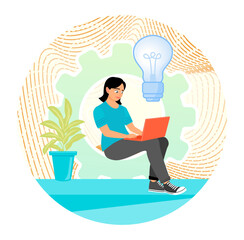 Business Concept. Creative Woman Working on Laptop with Gear and Lightbulb.