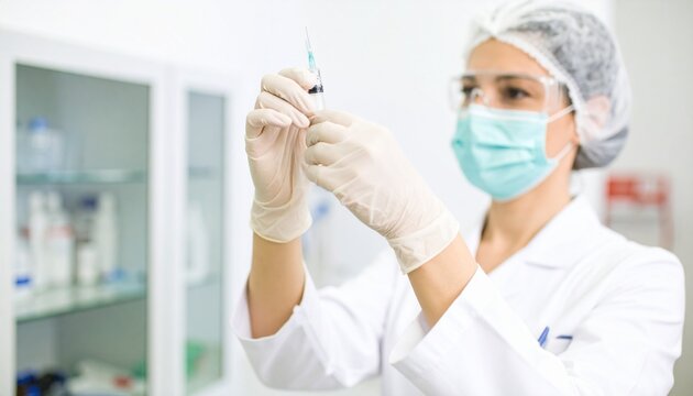 Healthcare professional preparing an injection in a sterile lab, Ensuring precision in vaccine preparation for patient care