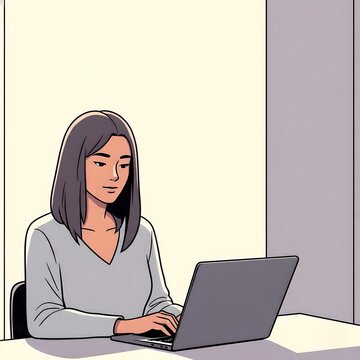A modern, uncluttered illustration of a professional woman with short grey hair using a laptop. The focus is on clean lines and a minimalist aesthetic