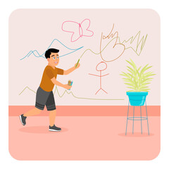 Child Expressing Creativity by Drawing Colorful Art on the Wall.