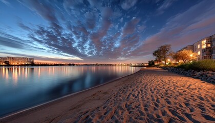 Beachfront sunrise over calm water