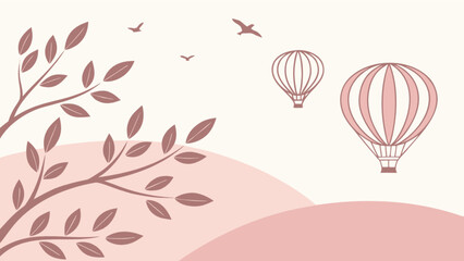 Hot air balloon ride scenery illustration with birds and tree branches vector graphic template design