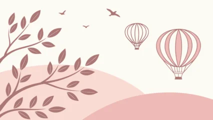 Wanddecoratie Luchtballon Hot air balloon ride scenery illustration with birds and tree branches vector graphic template design  © khan