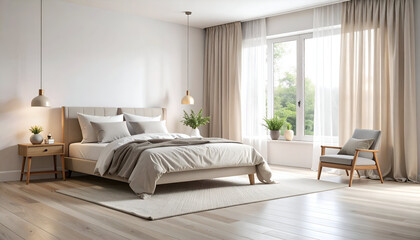 Serene Bedroom Retreat Cozy Mockup with Light Linen Curtains and Natural Light 
