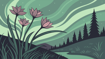 Vector art illustration of flowers in landscape with aurora borealis northern lights background design