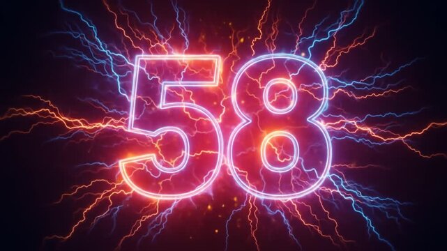 Neon Number 58 Display with Electric Lightning Effects in Dark Background