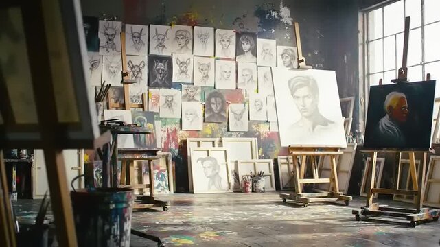 Artists Studio with Portraits, Sketches, and Paintings.
