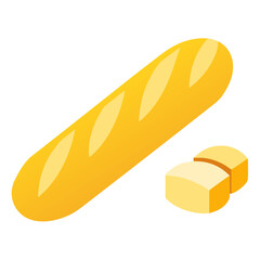 A golden brown baguette with two slices of butter on a black background presented in a clean isometric style