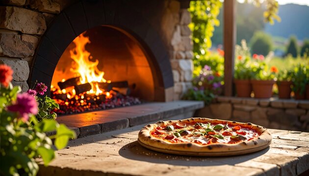 Fresh Pizza Baking in Rustic Outdoor WoodFired Oven with Fire and Garden.