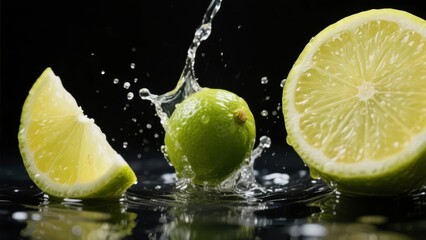Lime Slices and Whole Lime with Water Splash on Dark Background