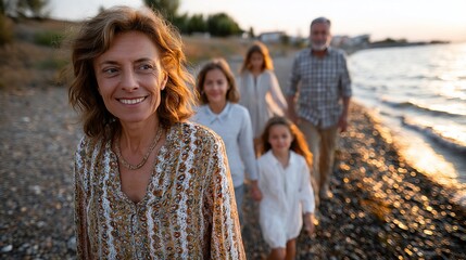 Family Walking on Beach at Sunset Smiling Together.