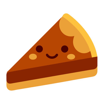 Cute smiling slice of pumpkin pie with a happy face and rosy cheeks on a black background