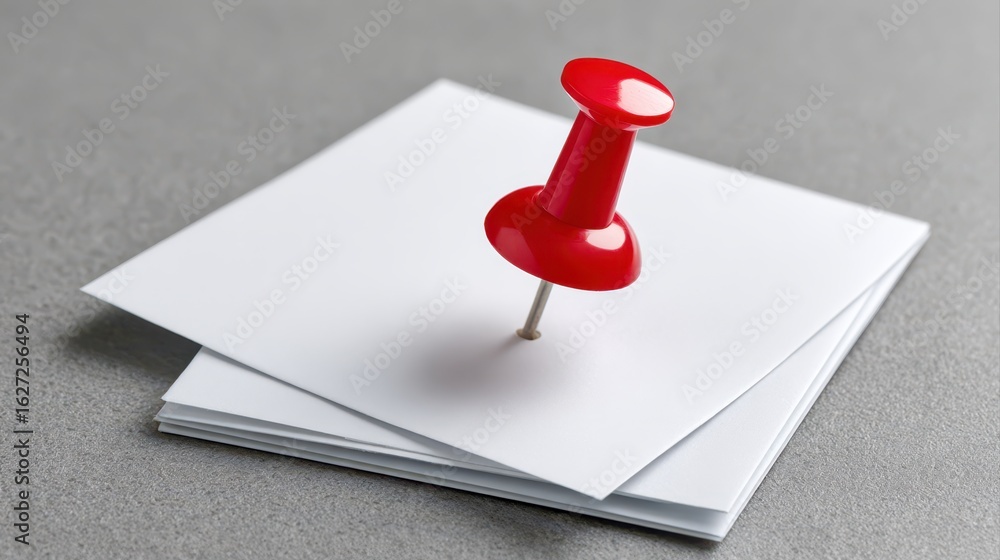 Poster red pushpin on a stack of blank papers, ready for notes or reminders.