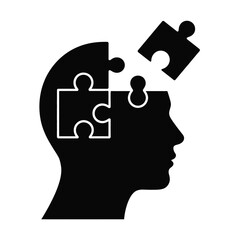 Silhouette of a human head with puzzle pieces fitting inside and one piece missing