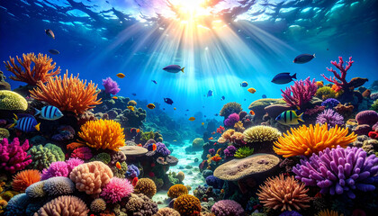 A vibrant underwater scene showcasing a colorful coral reef with sunlight filtering through the surface.